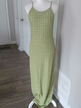 Light Green Textured Spaghetti-Strap Maxi Dress